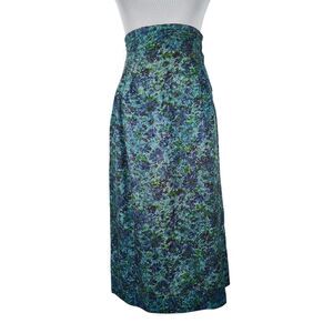 Vintage 50s 60s High Rise Midi Skirt Size 4 Blue Floral Print Secretary